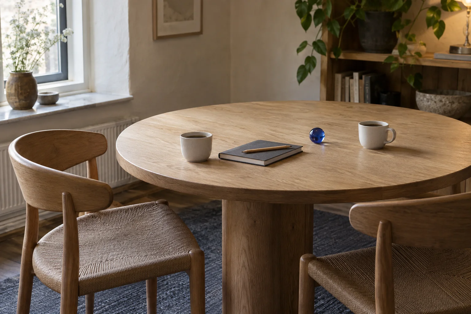 Två stolar vid ett ljust träbord med kaffe, anteckningsbok och en liten blå glassfär.