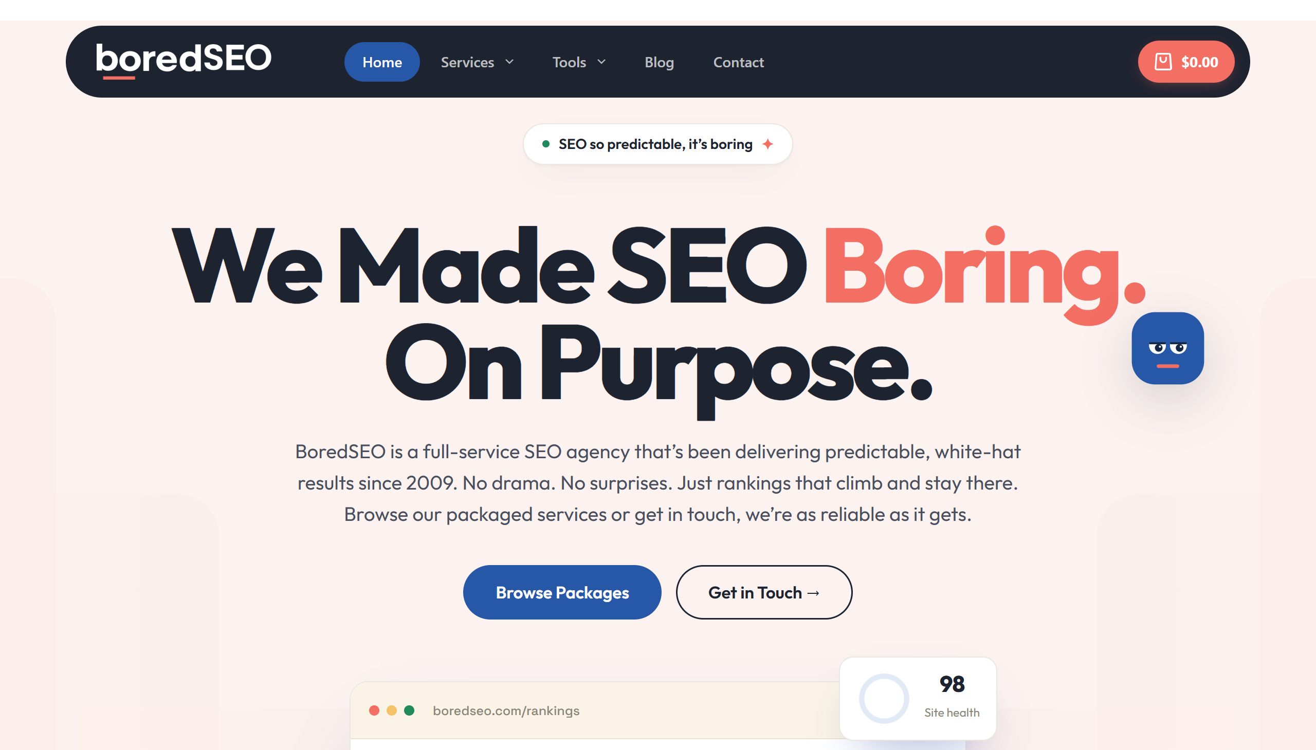 BoredSEO:s startsida med rubriken We Made SEO Boring. On Purpose.