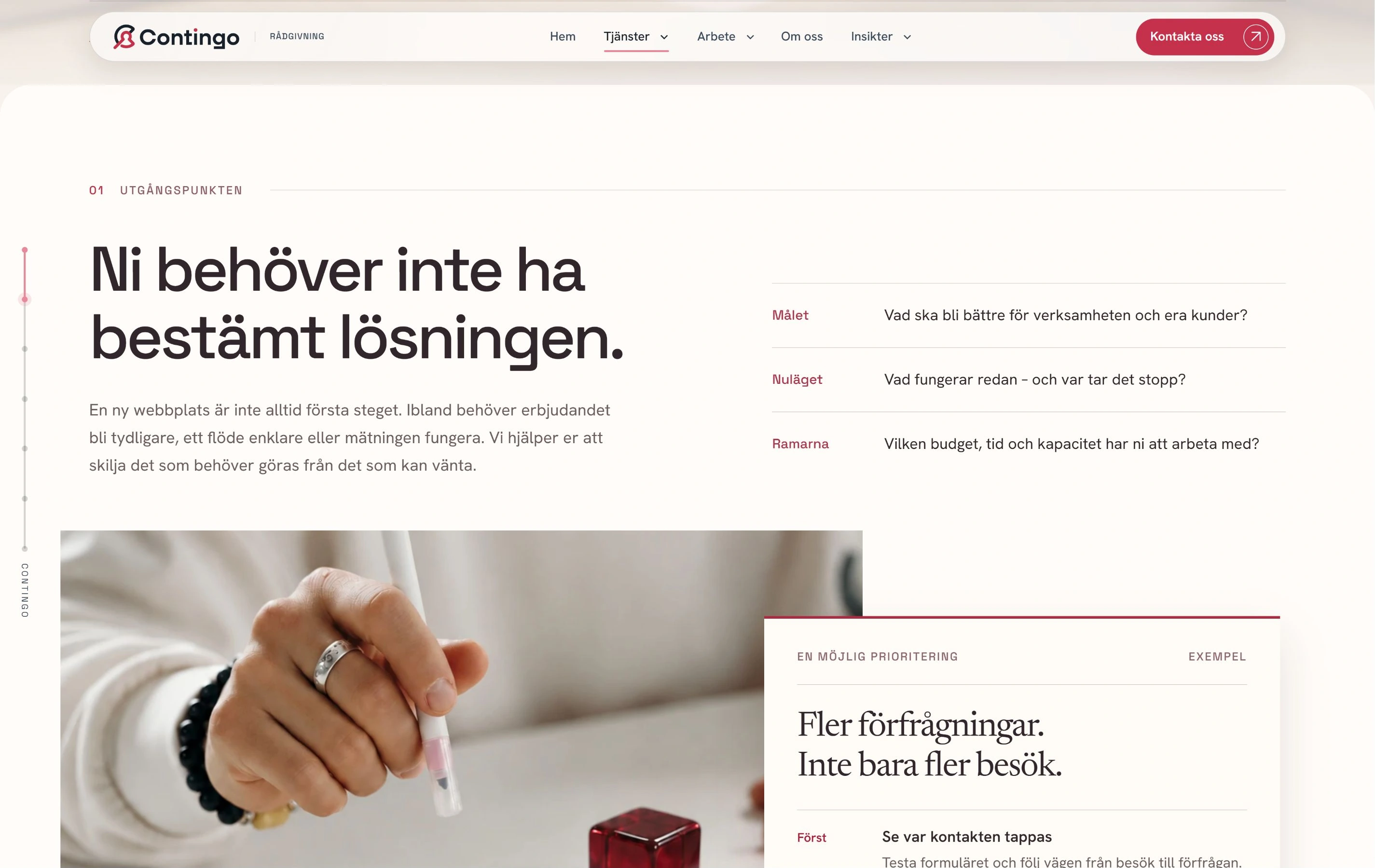 Rådgivningssidans introduktion med frågor om mål, nuläge och ramar.
