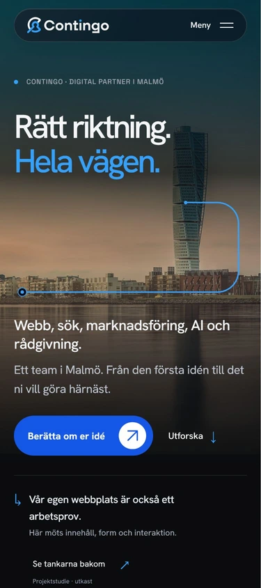 Contingos mobilstartsida med Malmöbild, ombruten rubrik och knappen Berätta om er idé.