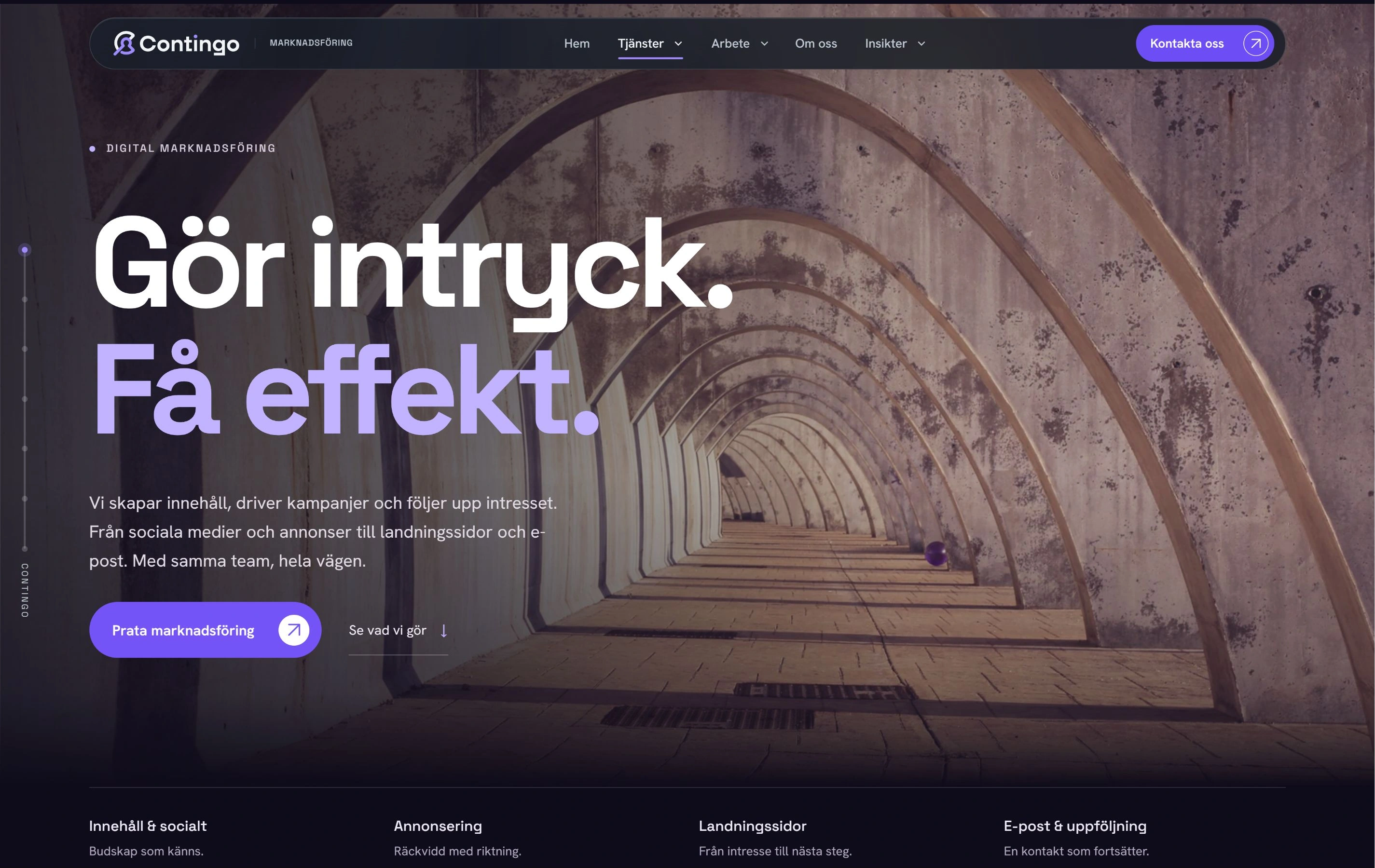 Marknadsföringssidans arkitektoniska öppning med violetta accenter och rubriken Gör intryck. Få effekt.