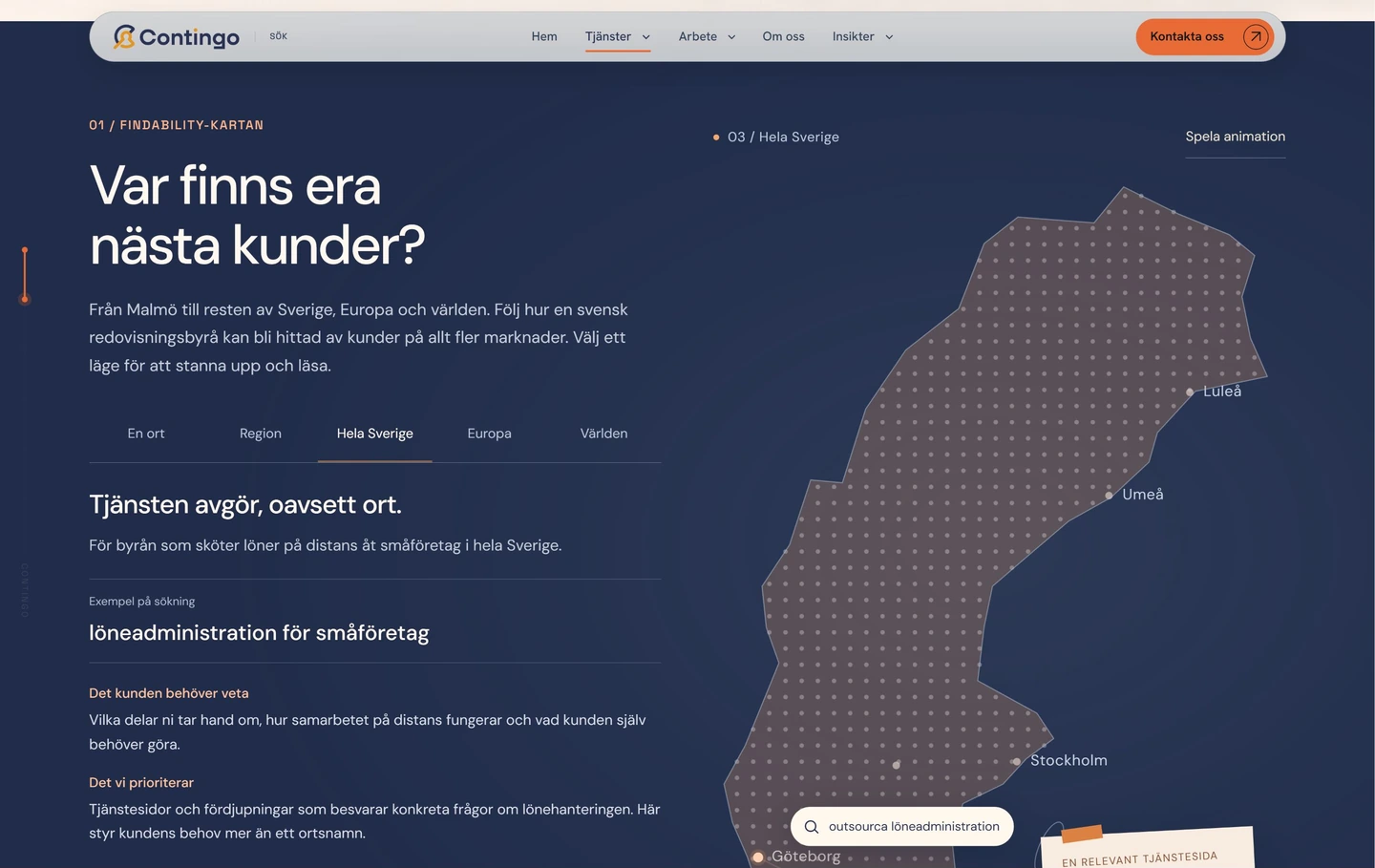 SEO-kartan med Hela Sverige valt och illustrativa sökfrågor och innehåll för den marknaden.